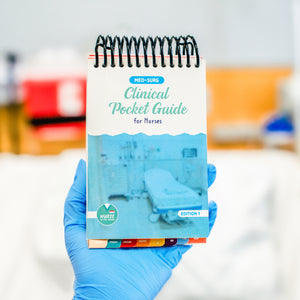 A gloved hand holding a Med-Surg Clinical Pocket Guide for Nurses, a spiral-bound compact reference book. The cover features a blue-toned hospital scene with the title in teal and white lettering. Color-coded tabs are visible at the bottom for easy navigation. The blurred background suggests a clinical or hospital setting.