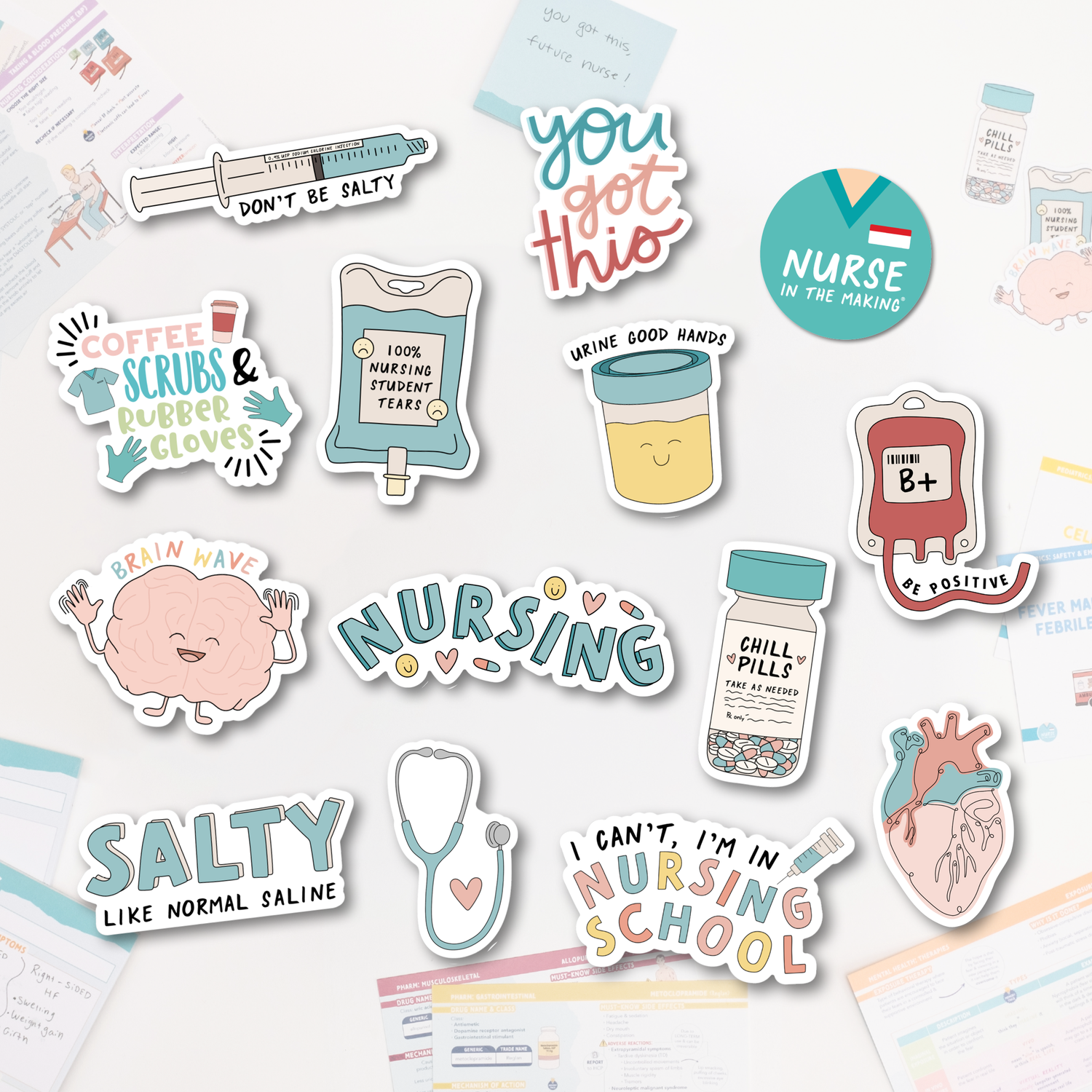 A collection of colorful nursing-themed stickers with fun and motivational designs, including phrases like “You got this,” “Can’t, I’m in nursing school,” “Salty like normal saline,” and “Nursing.” The stickers feature illustrations of medical items such as a stethoscope, IV fluid bag, coffee cup, and anatomical heart.