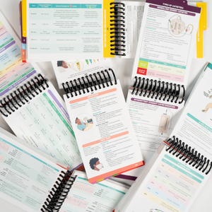 A collection of Clinical Pocket Guides for Nurses, laid out in an overlapping arrangement. Each spiral-bound guide is open to different colorful pages featuring medical charts, illustrations, and quick-reference information. Color-coded tabs are visible for easy navigation. The background is a clean, white surface.