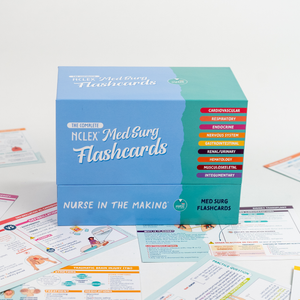 A box of “NCLEX Med Surg Flashcards” from Nurse in the Making sits on a white surface, surrounded by various study flashcards. The box has a blue design with a list of medical topics such as cardiovascular, respiratory, and musculoskeletal on the side.