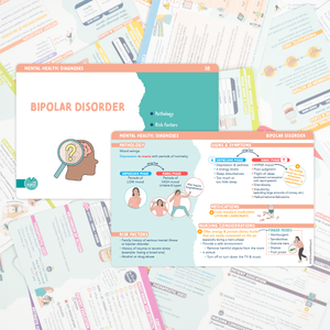 A detailed NCLEX Mental Health Flashcard focused on Bipolar Disorder from Nurse in the Making. The flashcard includes sections on pathology, risk factors, signs & symptoms, medications, and nursing considerations. It features colorful diagrams and illustrations, breaking down key concepts such as mania, depressive episodes, and mood stabilizers. Multiple flashcards are laid out in the background, showcasing the comprehensive mental health study tool for nursing students.