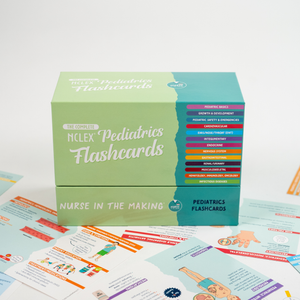 A box of NCLEX Pediatrics Flashcards by Nurse in the Making, featuring topics such as pediatric basics, growth & development, nutrition, and common pediatric disorders. The colorful box is surrounded by sample flashcards displaying detailed medical illustrations and study tips.