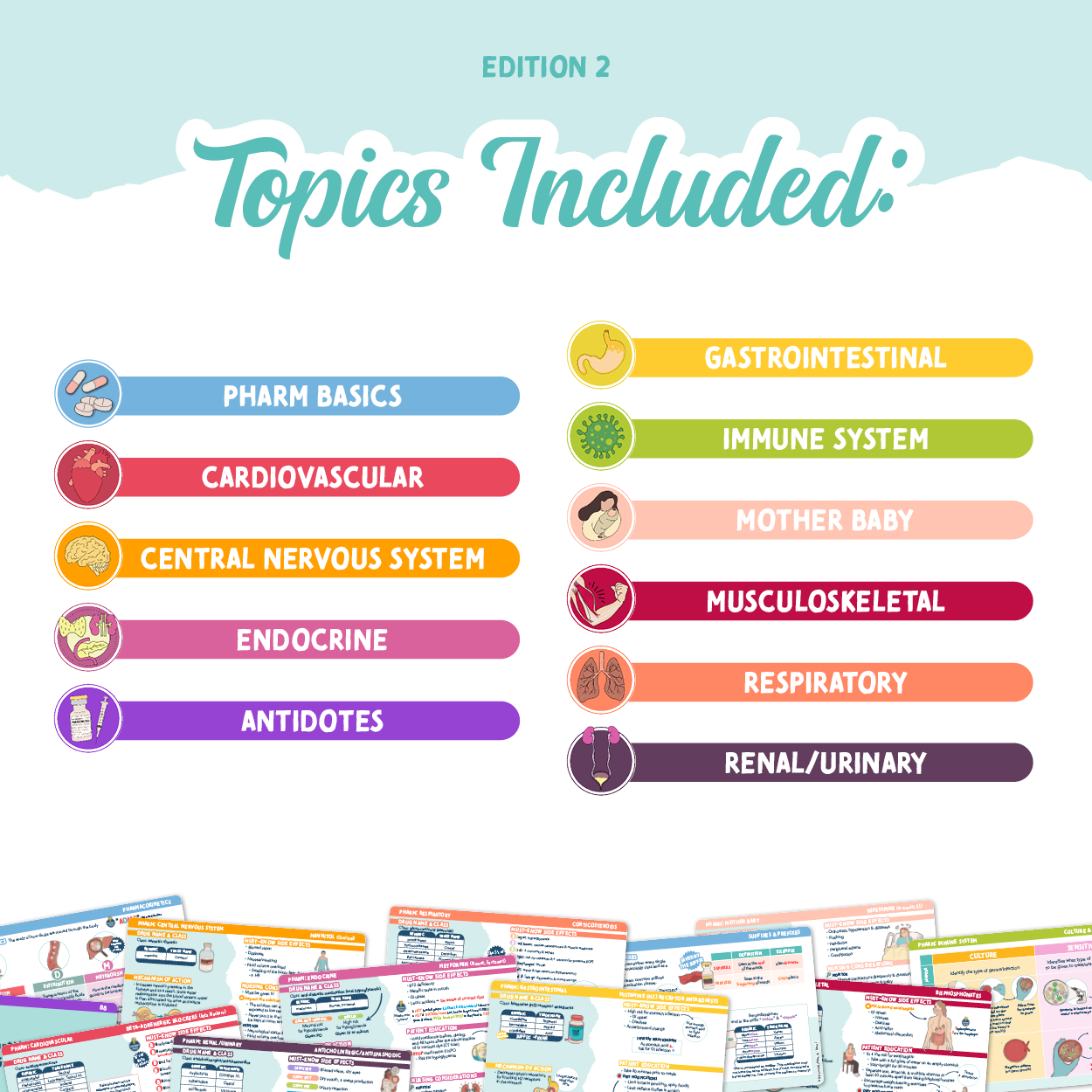 A digital graphic displays the topics included in the “Pharm Flashcards Edition 2” set. The topics are listed in colorful horizontal bars with icons, including “Pharm Basics,” “Cardiovascular,” “Central Nervous System,” “Endocrine,” “Antidotes,” “Gastrointestinal,” “Immune System,” “Mother Baby,” “Musculoskeletal,” “Respiratory,” and “Renal/Urinary.” A row of flashcards is visible at the bottom of the image.