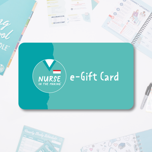 A teal-colored “Nurse in the Making” e-gift card with a stethoscope logo, placed on a white background. Surrounding the card are nursing study materials, including a planner, flashcards, and medical-themed stationery.