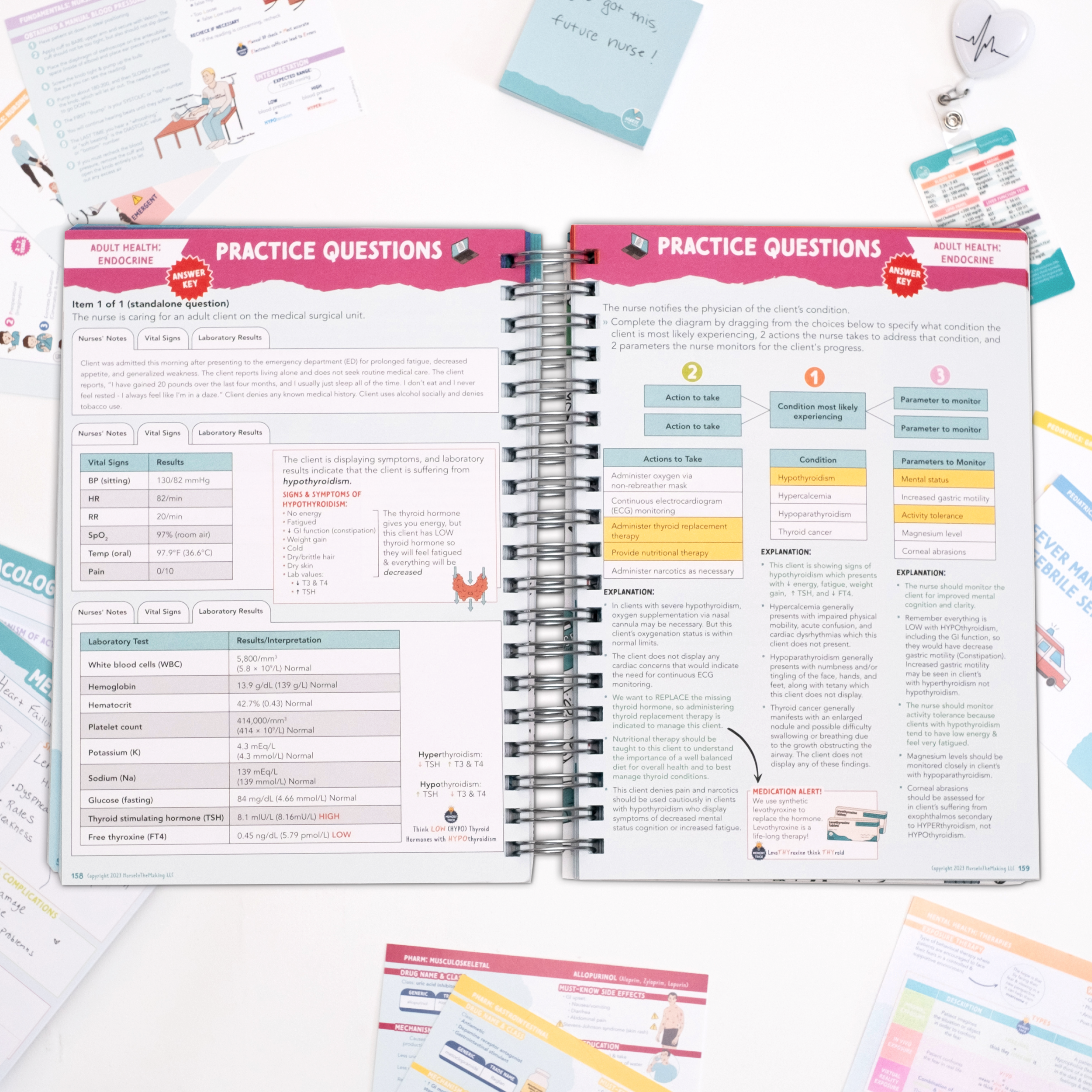 An open NCLEX Study Notebook displaying practice questions and answer explanations. The pages contain detailed tables, highlighted sections, and colorful callouts for easy reference. Surrounding the notebook are various nursing study materials, including flashcards and reference sheets.