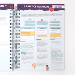 A close-up of an open NCLEX Study Notebook, featuring a practice question section. The page includes structured tables with key nursing actions, conditions, and monitoring parameters, highlighted in different colors for clarity. Small illustrations enhance visual learning, and detailed explanations accompany each answer.