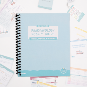 A digital graphic displays the topics included in the “Pharm Flashcards Edition 2” set. The topics are listed in colorful horizontal bars with icons, including “Pharm Basics,” “Cardiovascular,” “Central Nervous System,” “Endocrine,” “Antidotes,” “Gastrointestinal,” “Immune System,” “Mother Baby,” “Musculoskeletal,” “Respiratory,” and “Renal/Urinary.” A row of flashcards is visible at the bottom of the image.