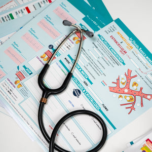 A stethoscope rests on top of laminated nursing study templates. The templates are colorfully designed, featuring sections on IV fluids, osmosis, and fluid shifts with detailed illustrations of blood vessels and cell interactions. Multiple sheets are fanned out, showcasing various study topics. The study materials appear durable and reusable.