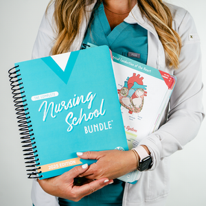 Nurse Kristine wearing teal scrubs and a thin,white jacket holds The Complete Nursing School Bundle – 2025 Edition along with additional study materials featuring anatomical diagrams. The spiral-bound book has a teal cover designed to resemble nursing scrubs, and the student’s smartwatch and neatly manicured nails are visible.