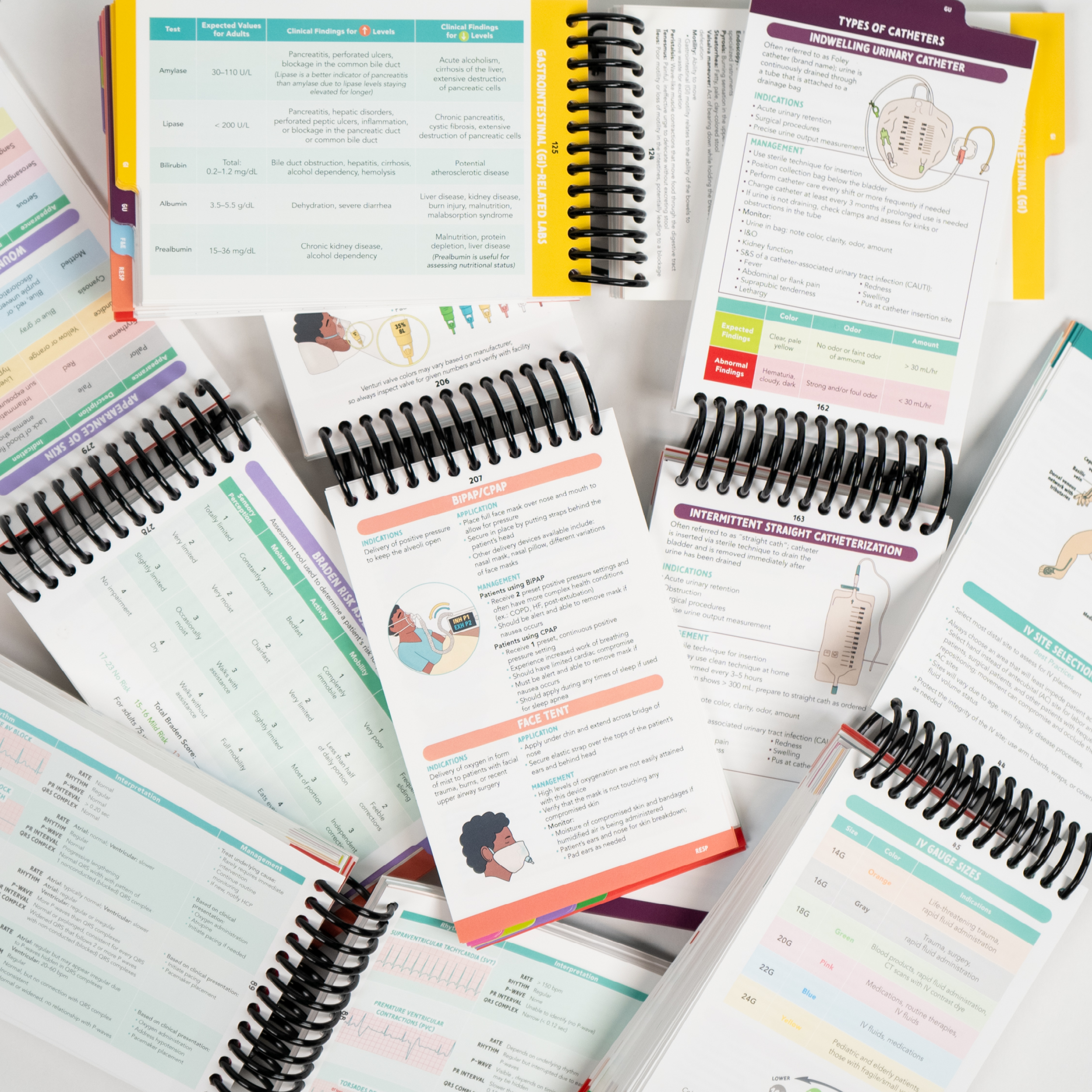 A collection of Clinical Pocket Guides for Nurses, laid out in an overlapping arrangement. Each spiral-bound guide is open to different colorful pages featuring medical charts, illustrations, and quick-reference information. Color-coded tabs are visible for easy navigation. The background is a clean, white surface.