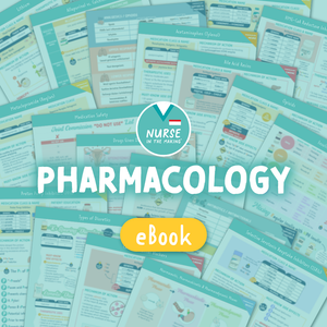 A digital study guide cover for the respiratory system, featuring a collage of educational sheets with diagrams and text related to Pharmacology. The title “Pharmacology” is prominently displayed in bold white text over a teal background with the “Nurse in the Making” logo.