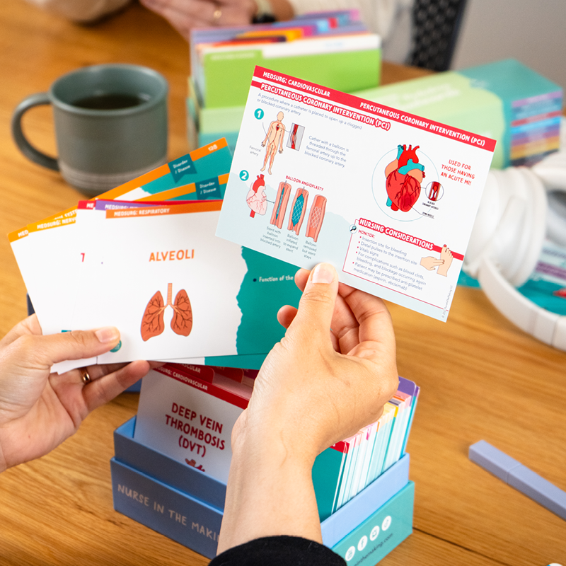 A student holding a set of pharmacology flashcards, focusing on a card about “Pulmonary Circulation and Cardiovascular System (PCIS).” The card features detailed medical illustrations of the heart and lungs. The teal storage box labeled “Nurse in the Making” is on a wooden table in the background, along with a coffee cup, additional flashcards, and study tools. The well-lit scene highlights the organized study materials.