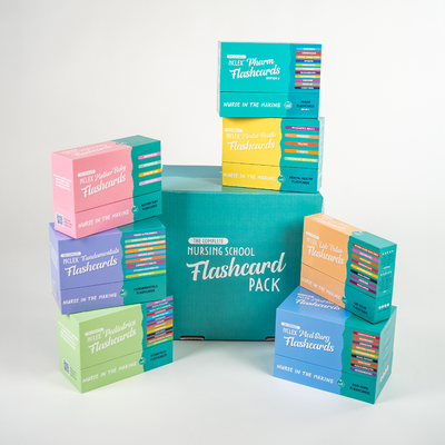 A display of “The Complete Nursing School Flashcard Pack,” featuring multiple colorful flashcard boxes arranged around a central teal box. Each box represents different subjects, including pharmacology, lab values, and mother-baby topics. The packaging is vibrant with pastel and bold colors, and the text on the boxes highlights key nursing concepts covered in the set.