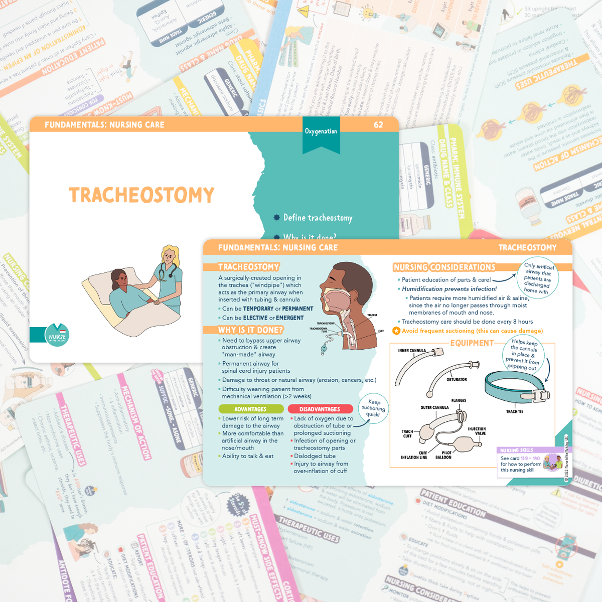 NCLEX Fundamentals Flashcards featuring a Tracheostomy study card with nursing considerations, equipment, and procedure details. The background includes additional colorful flashcards with medical illustrations and essential nursing topics.