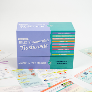 A box of NCLEX Fundamentals Flashcards from Nurse in the Making, featuring key nursing concepts like Ethics, Nursing Care, Safety, Community Health, and Fluids & Electrolytes. Colorful flashcards with illustrations are displayed around the box.