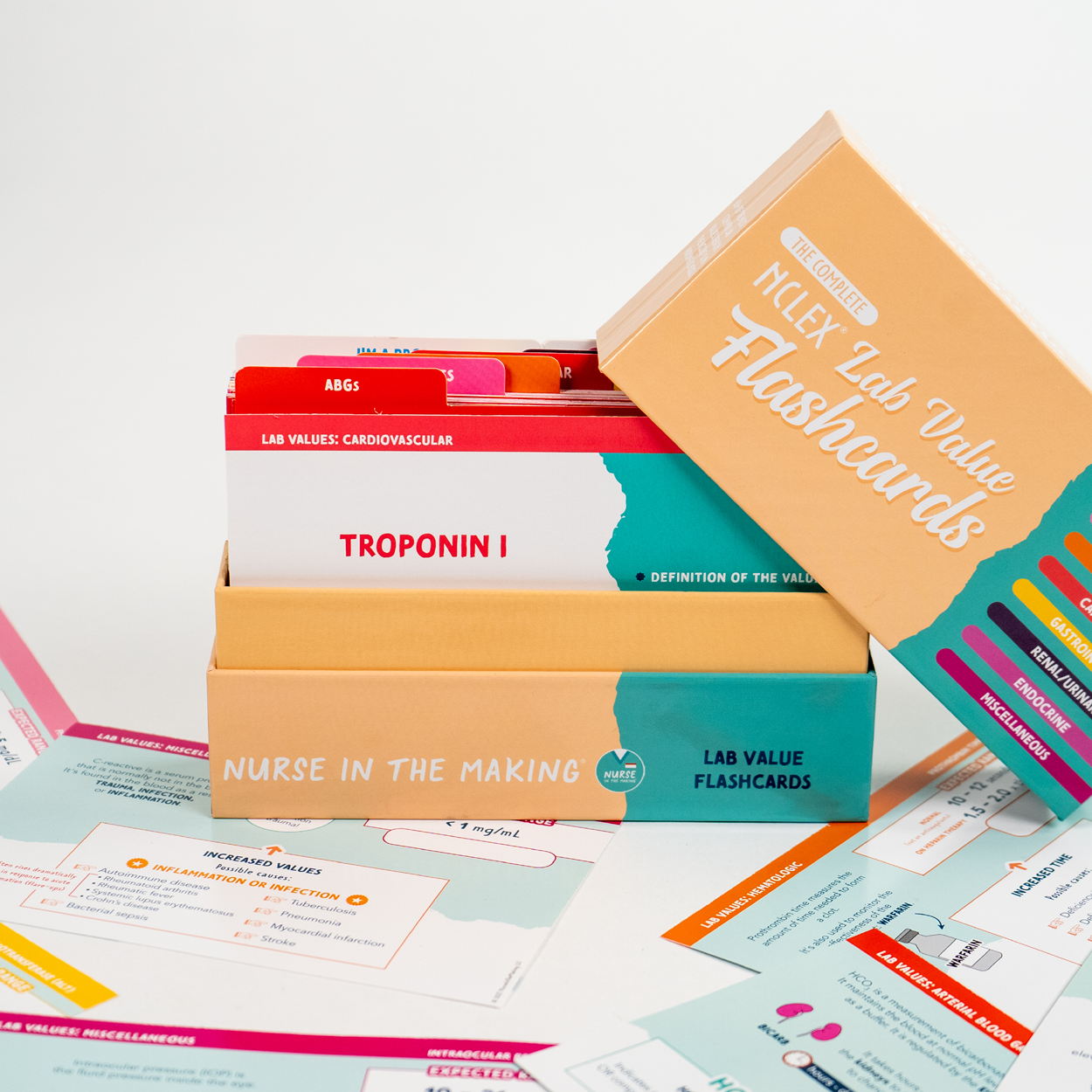 An open box of Nurse In the Making's NCLEX Lab Value Flashcards is displayed with several flashcards visible inside. The packaging is orange and teal, and one of the visible flashcards highlights “Troponin I” under the cardiovascular lab values section. Additional study materials with medical illustrations and lab value references are spread around the box.