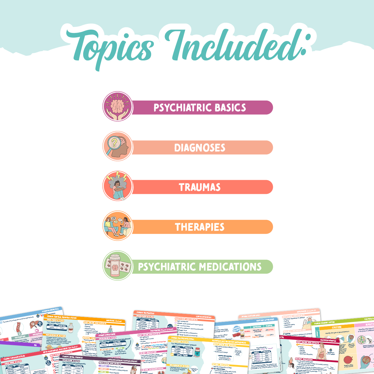 A “Topics Included” graphic from the NCLEX Mental Health Flashcards set by Nurse in the Making. It highlights psychiatric basics, diagnoses, traumas, therapies, and psychiatric medications with colorful icons. A preview of the flashcards is displayed along the bottom.