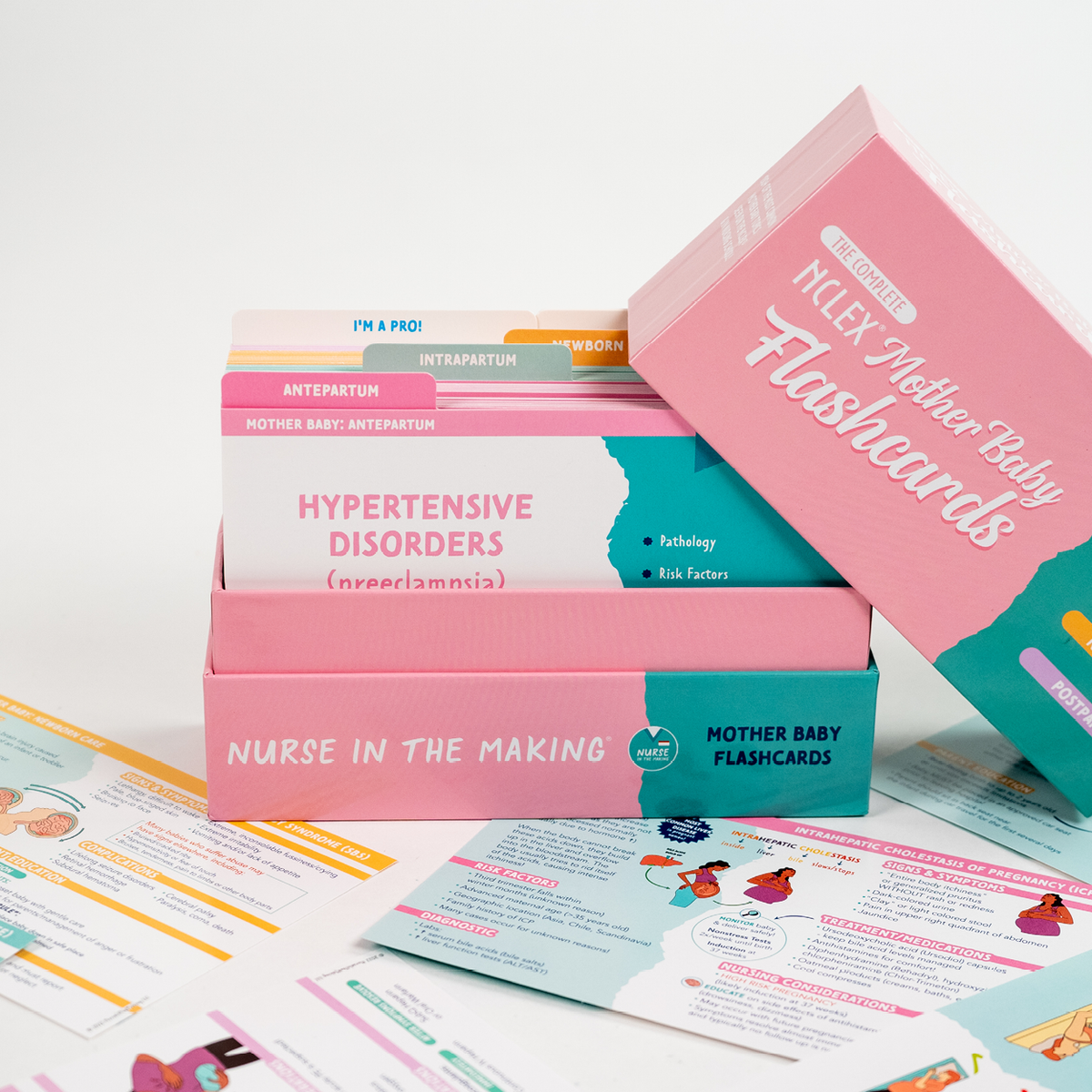 NCLEX Mother Baby Flashcards box set, partially open, revealing study cards on Hypertensive Disorders (Preeclampsia). Flashcards with illustrations and study content are spread around. Pink and teal packaging with labeled categories for antepartum, intrapartum, and newborn care.