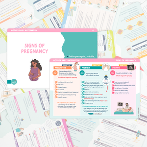 Signs of Pregnancy NCLEX Mother Baby Flashcard featuring categories of presumptive, probable, and positive signs. Includes colorful illustrations and key study points. Background displays additional flashcards with nursing-related content.