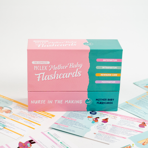 NCLEX Mother Baby Flashcards box set in pink and teal, covering topics like antepartum, intrapartum, newborn care, and postpartum. Various flashcards with illustrated study content are spread out in the background.