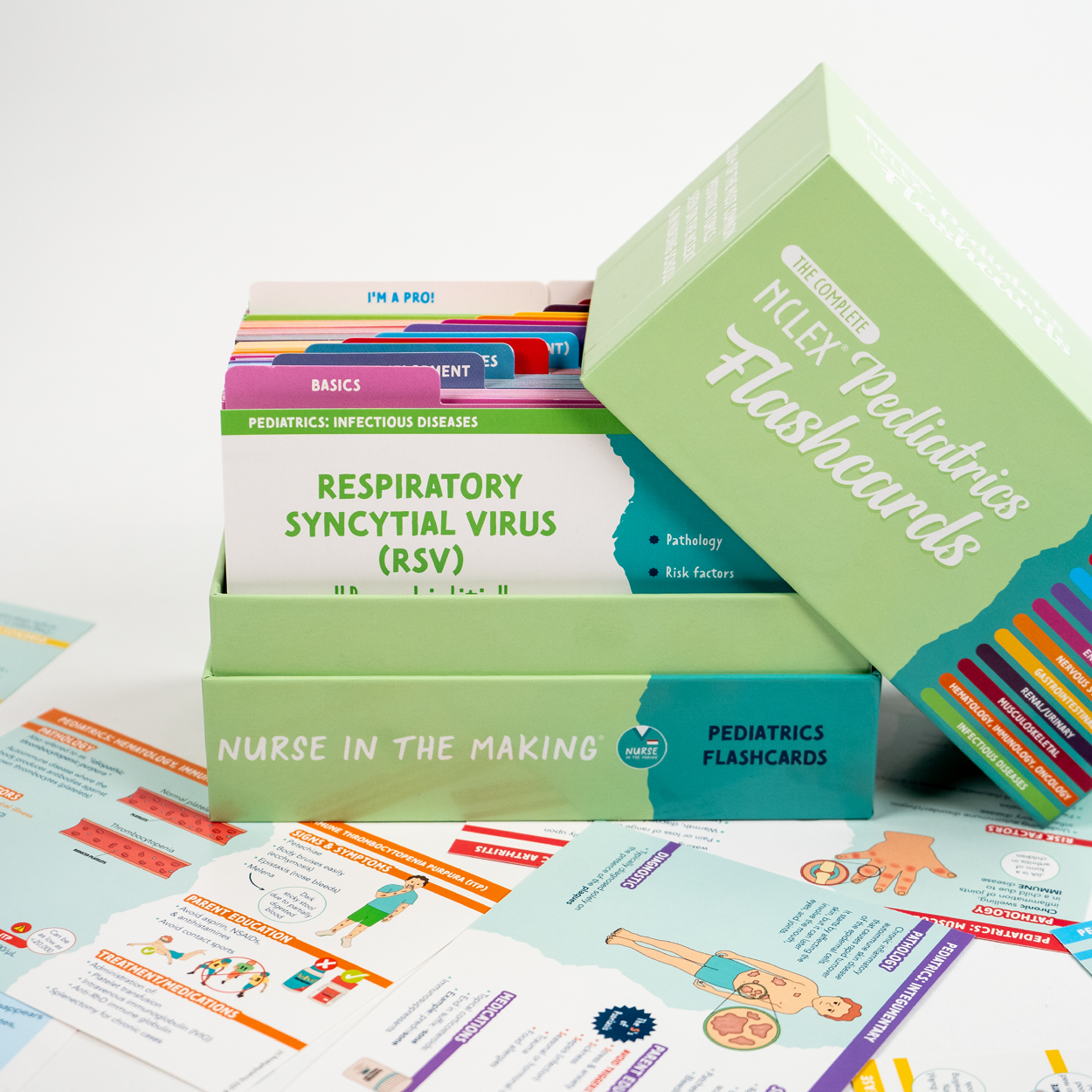 An open, light green box of NCLEX Pediatrics Flashcards by Nurse In The Making, revealing colorful, detailed study cards. A featured card on Respiratory Syncytial Virus (RSV) highlights pathology and risk factors. Surrounding the box are additional flashcards with vibrant medical illustrations and study tips.