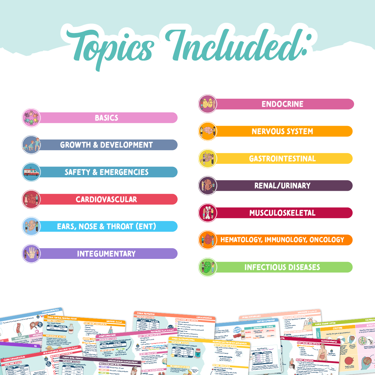 A colorful Topics Included list for NCLEX Pediatrics Flashcards, featuring key pediatric medical categories such as Endocrine, Cardiovascular, Infectious Diseases, and Growth & Development. A preview of illustrated flashcards is displayed at the bottom.