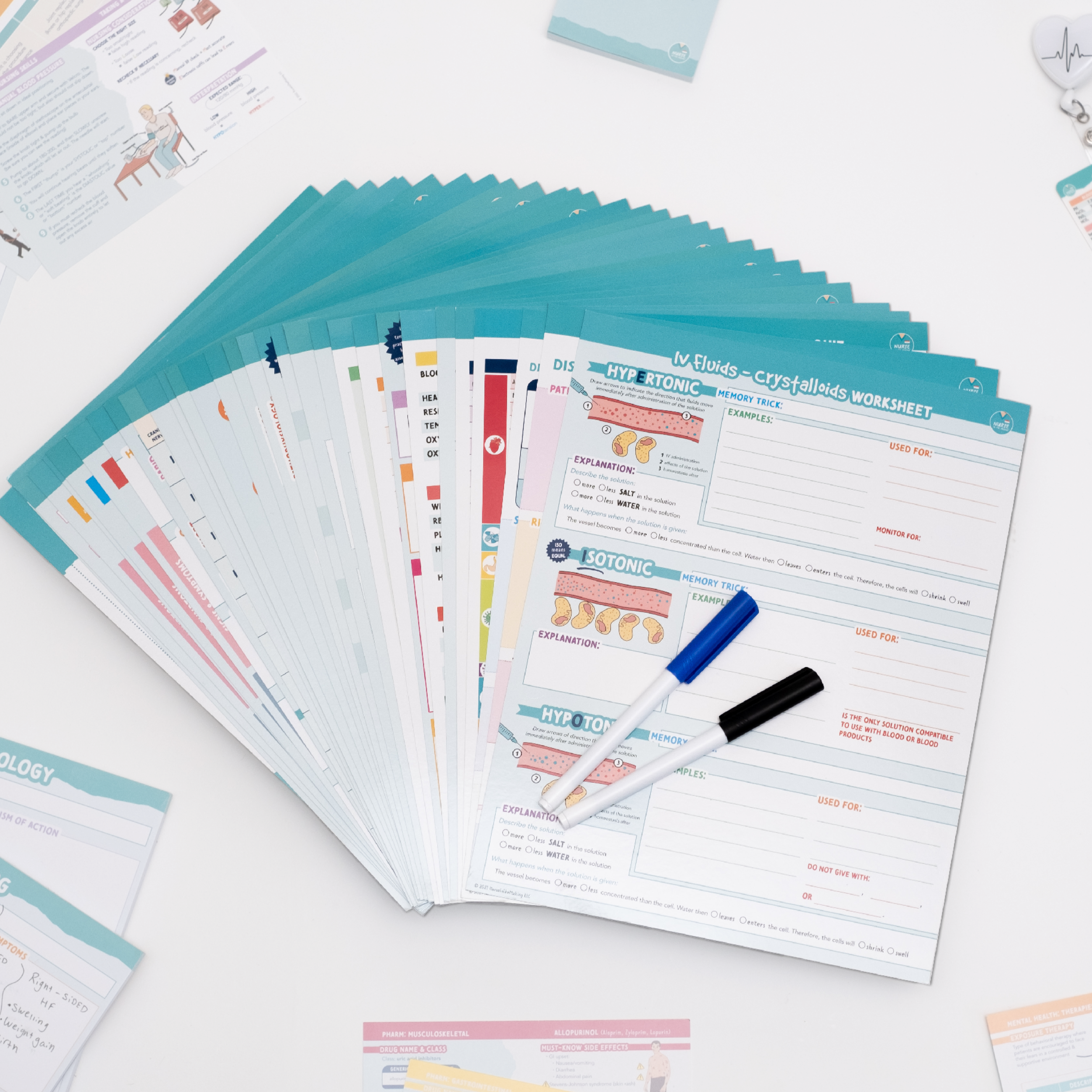 A fanned-out set of laminated study templates for nursing students, featuring structured note-taking sections and colorful medical illustrations. Two dry-erase markers rest on top, indicating reusability for active learning. The front page focuses on a medication-related template with designated areas for notes. Additional study materials are scattered around, reinforcing a comprehensive study setup.