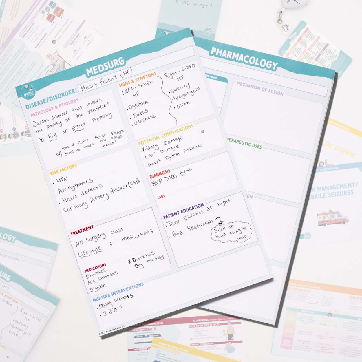 A set of Med-Surg and Pharmacology notepads is displayed, with one notepad partially filled in with handwritten notes. The structured template includes sections for disease pathophysiology, signs and symptoms, risk factors, potential complications, nursing interventions, treatments, and patient education. The Pharmacology section remains blank, showing designated spaces for mechanism of action and therapeutic uses. These nursing study tools help students organize critical information efficiently.