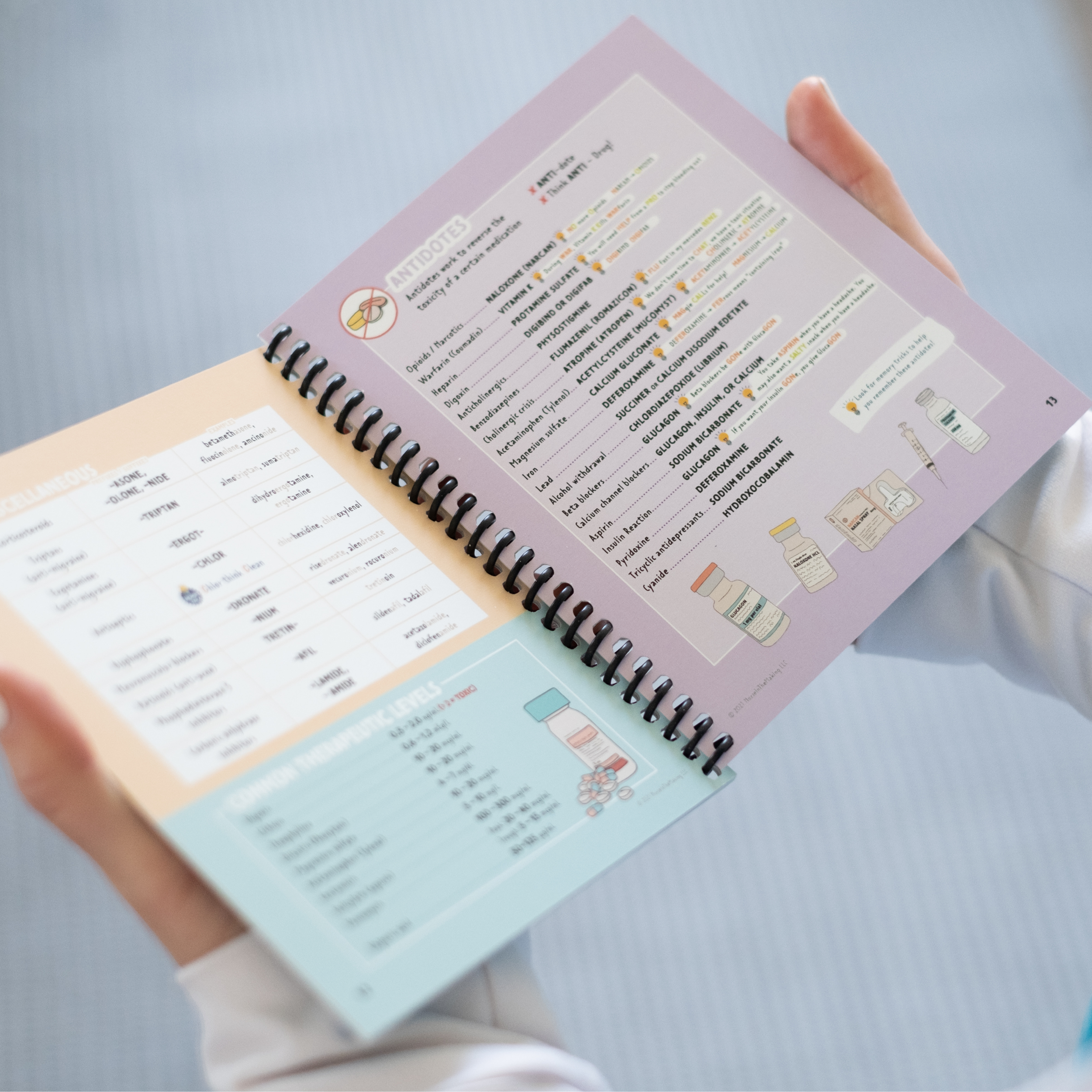 A student wearing a white sleeve holds an open “Pharmacology Pocket Guide,” displaying two colorful pages filled with medication classifications, mechanisms of action, and dosage information. The guide is spiral-bound, with one page featuring a detailed flowchart of drug interactions. The background is blurred.