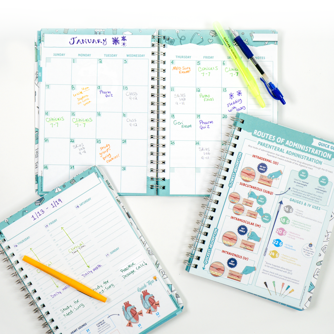 Three open nursing planners are displayed on a white surface. One planner shows a January calendar filled with handwritten notes, another has a study schedule, and the third is open to a reference page on routes of medication administration. Highlighters and pens are scattered nearby.