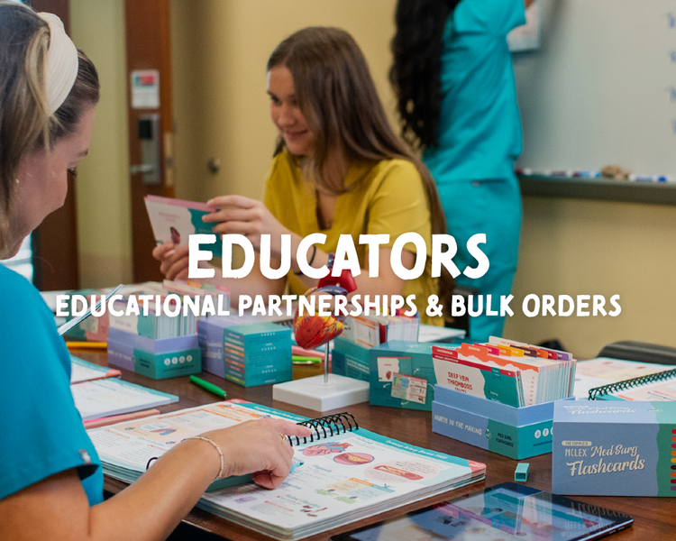 Title in the middle of the image reads “EDUCATORS — Educational Partnerships & Bulk Orders. A group of nursing students sits around a classroom table reviewing colorful study materials, including flashcards and spiral-bound guides. One student in a yellow scrub top holds a card while others look through resources. A model of a human heart sits on the table among the study tools. In the background, a whiteboard with handwritten medical notes is visible.
